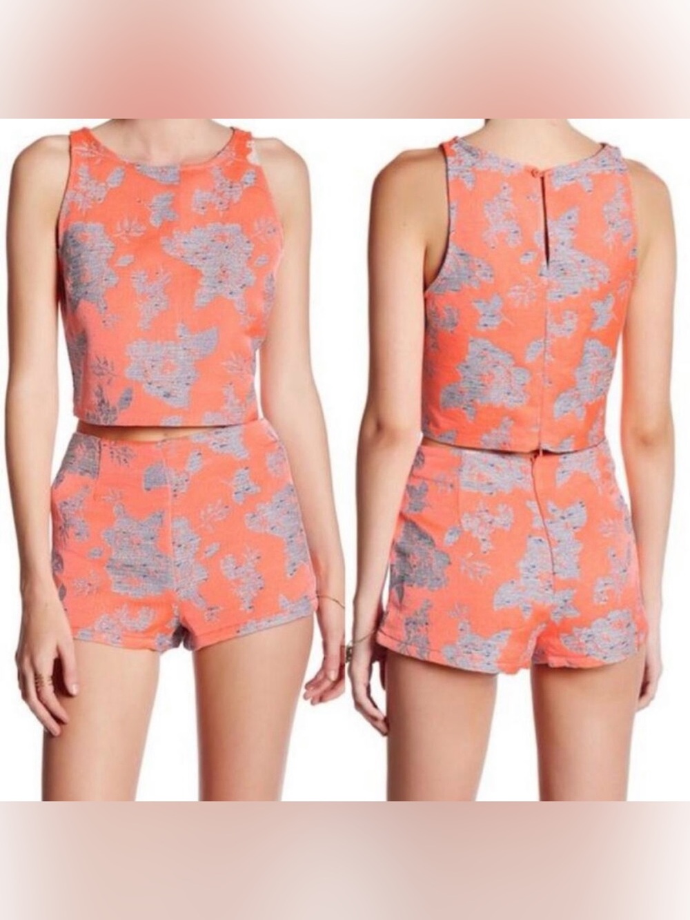BB Dakota Jacquard Reece Crop Top Thea Shorts 2-Piece Set Large 10 Orange Floral